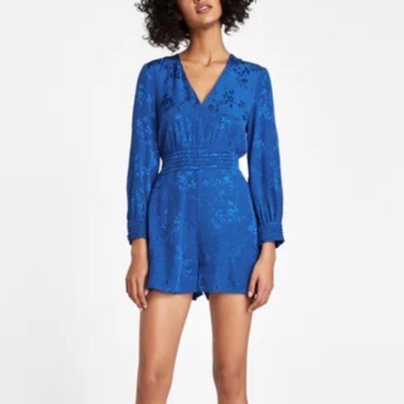 zara royal blue short jacquard jumpsuit - size small! - Picture 1 of 7